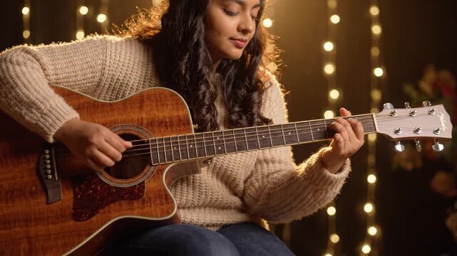 Woman Playing Acoustic Guitar, Cozy Christmas Lights Bokeh Background