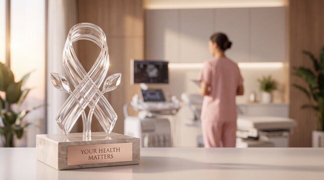 Crystal awareness ribbon award plaque with inscription on marble base in medical clinic with displays clear crystal