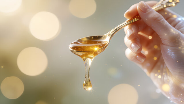 A hand holding a golden spoon with delicious honey dripping down against a bokeh background.