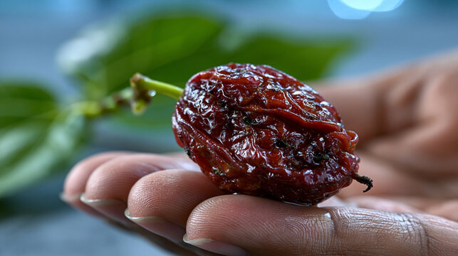 A dried mulberry held in human fingers with mulberry nutrition dehydrated agriculture