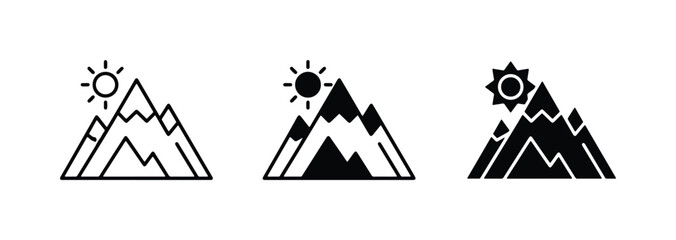Mountain Icons Set: Sunlit Peaks, Silhouette Peaks, and Textured Peaks, Vector Graphics for Outdoor Adventure and Nature Themes © Rasid