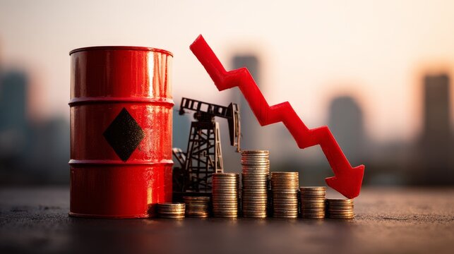 Oil barrel and pumpjack with a descending red arrow over stacks of coins, symbolizing a market decline, falling crude oil prices, energy crisis impact, economy reduction, and financial recession