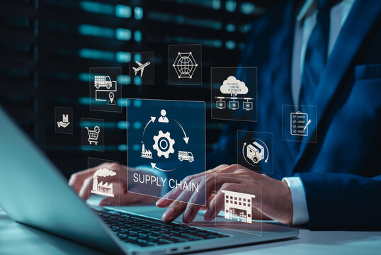 Supply chain management connects logistics, manufacturing, inventory, shipping, procurement, warehouse operations. Businessman uses laptop to monitor workflow, delivery, and global business efficiency