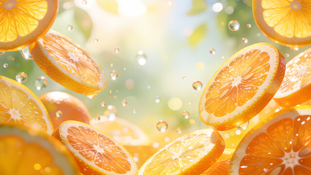 Fresh orange slices floating in the air with water splashes and sunlight.