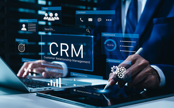 CRM customer relationship management system technology. Businessman using CRM software, customer database dashboard, sales analytics, automation workflow, recent activities, digital client management
