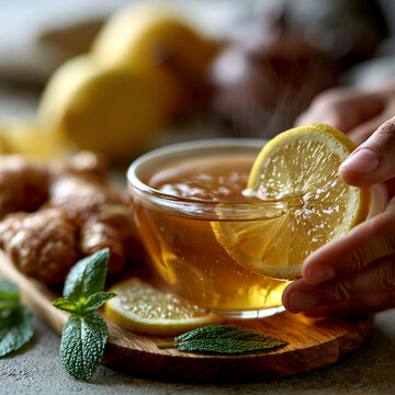 Person holding a glass bowl of hot ginger tea with fresh lemon slices and herb garnish, beverage