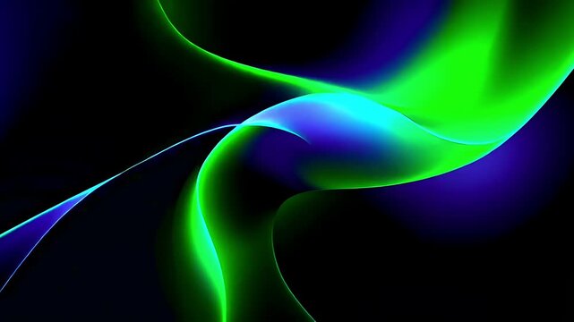 Abstract background with flowing neon green and blue light waves on black.