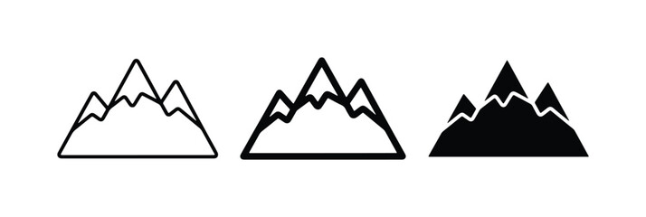 Mountain Icons Set: Simple Line Art, Outline, and Silhouette Graphics for Outdoor Adventure and Nature Themes © Abir
