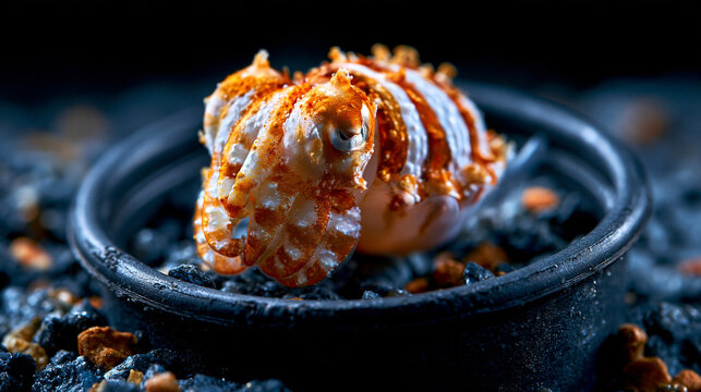 Roasted lobster tail served in a small black dish on a dark background with fine dining, culinary