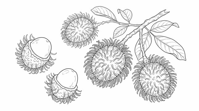 Hand drawn illustration of fresh rambutan fruit with leaves on a branch and peeled fruit pieces for food design projects