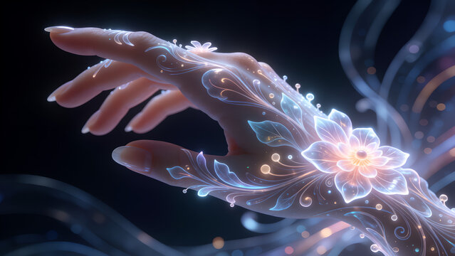 A delicate human hand adorned with glowing ethereal floral patterns and magical light particles.