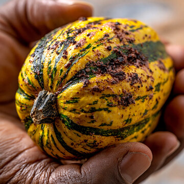 Person holding a small patterned acorn squash in hand for a rustic seasonal display with seasonal