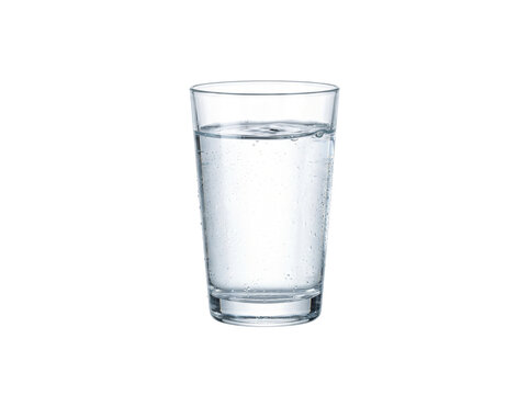A clear glass filled with refreshing water is centered against a white backdrop. The simplicity and clarity of the water emphasize purity and hydration.