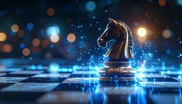 Premium wooden knight chess piece against a futuristic blue light background, representing leadership, planning, artificial intelligence, and strategic business decisions.