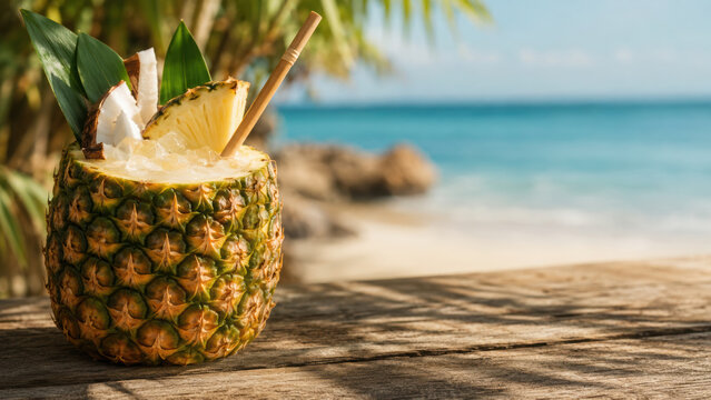 Summer cocktail specials served in fresh pineapple with coconut and ice on tropical beach evoke refreshing and exotic feeling