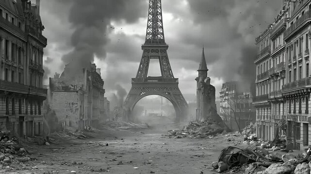 Paris, France, Europe. A black and white depiction of a postapocalyptic Parisian cityscape. The Eiffel Tower stands prominently in the center, its iconic lattice structure clearly visible.