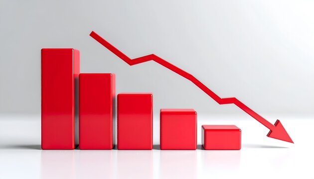 Simple red column chart with a falling trend arrow representing stock market decline, reduced profits, business risk, financial analysis, and economic recession.