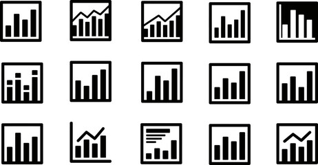 Obraz premium Set of fifteen black and white business icons featuring various styles of bar graph and financial data charts