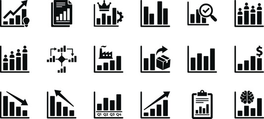Fototapeta premium Set of black and white business icons featuring various bar graph styles for data analysis and financial reporting