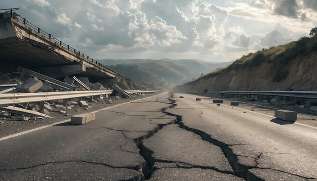 Damaged highway with large cracks and collapsed overpass after natural disaster