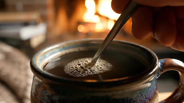 Hot Coffee Being Stirred with a Spoon in a Mug by a Warm Fireplace