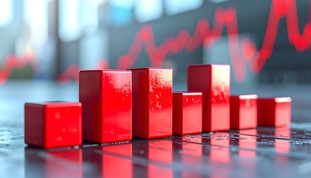 Three-dimensional red business chart with blurred market graph in the background, illustrating financial analysis, declining performance, and economic uncertainty.