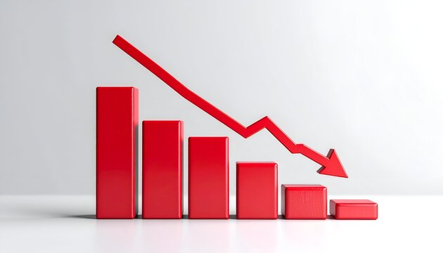 Red business chart with decreasing columns and a sharp downward arrow, representing falling sales, poor financial results, economic slowdown, and performance analysis.
