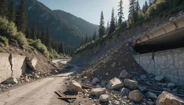 Damaged mountain road blocked by large rockslide debris