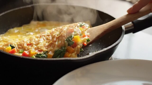Cook preparing vegetable omelet in frying pan. Chef folding egg breakfast with fresh chopped peppers and greens. Culinary process of making healthy food dish.
