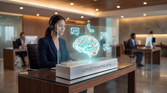 Female call center agent using artificial intelligence hologram brain display with businesswoman using holographic