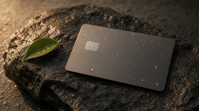 Blank titanium metal payment card on wet volcanic rock with water droplets and a fresh green leaf.