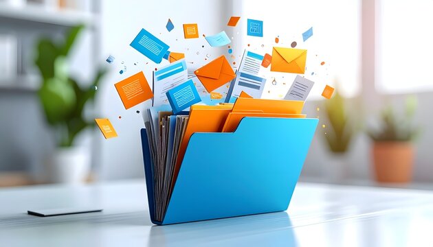 Office file folder releasing digital documents and emails into the air, representing paperless workflow, document organization, productivity, and smart business solutions.