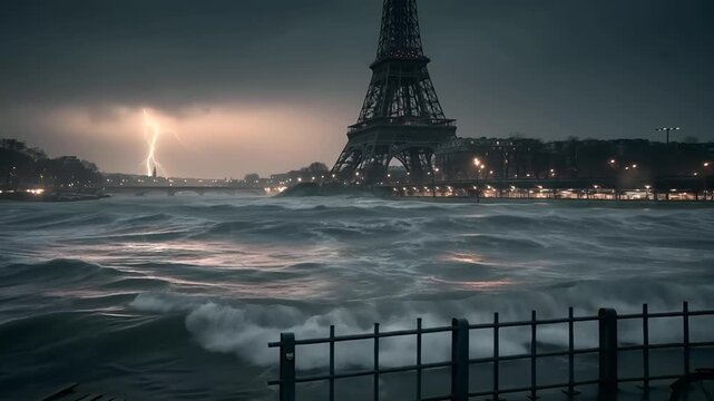 Paris, France, Europe. A dramatic nighttime scene features the Eiffel Tower, the iconic landmark in Paris, France. The sky is a gradient of deep blues and purples.