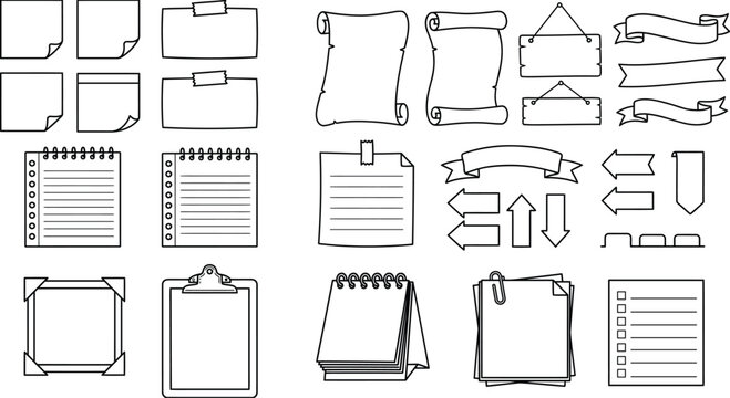 Doodle paper notes and ribbons set, sticky note scroll banner clipboard arrow line art collection
