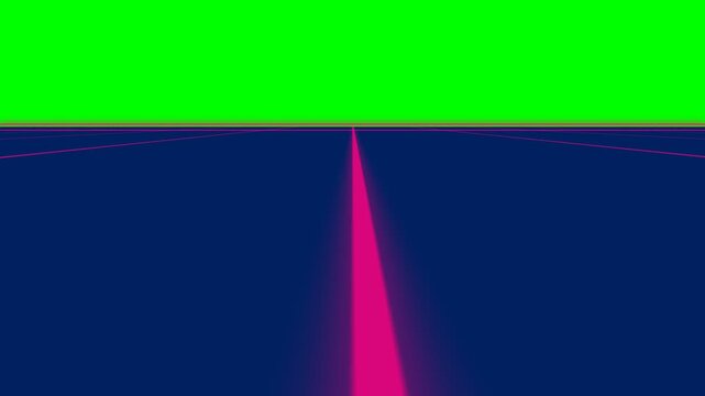 Retro synthwave style grid landscape with a glowing pink horizon line
