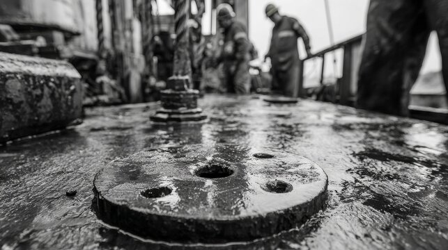 Gritty black and white scene showing roughneck workers actively operating heavy machinery and drilling equipment on an offshore oil rig platform, conveying labor, industry, and energy production