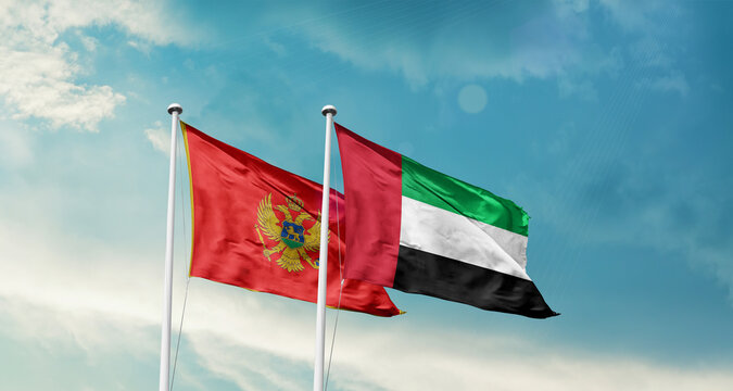 Montenegro and UAE friendship flags are waving in the sky. Double country Flag waving with mast. Montenegro UAE national flag for agreement.