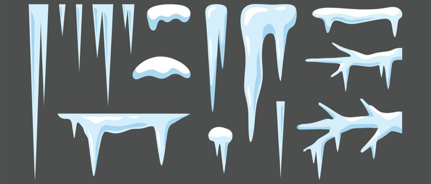 Set of realistic ice icicles and snow drifts elements for winter design with seasonal transparent background decoration freezing template isolated wintertime environment atmospheric dropping