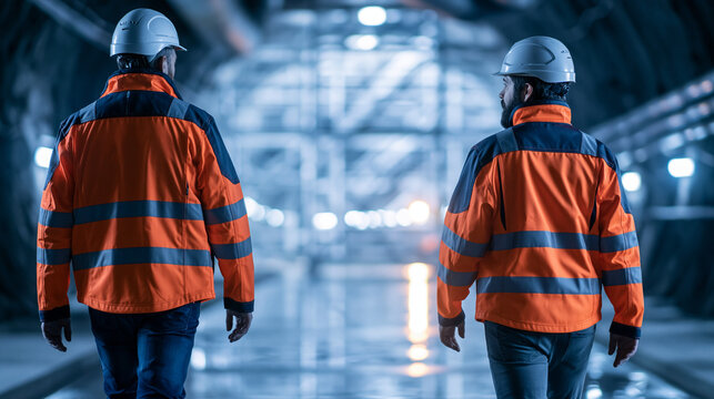 Tunnel construction workers in orange jackets walking away through a bright cavern section toward a wide scaffolded opening glowing with daylight gentle reflections on the clean