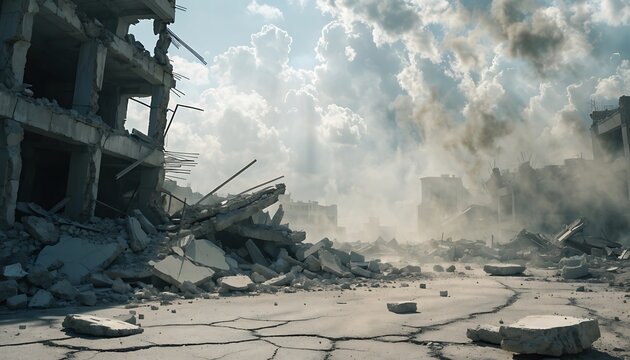 Destroyed cityscape showing extensive building damage and debris everywhere
