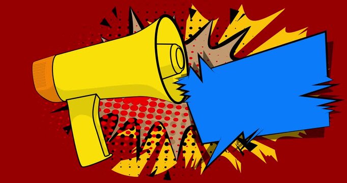 Cartoon Megaphone with blank speech bubble, comic book announcement, attention concept video. Retro comics pop art animation.