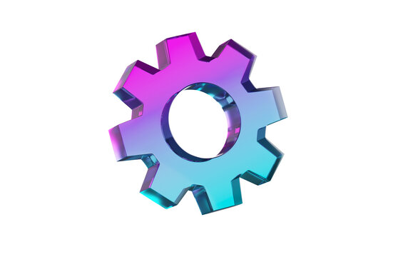 Glass gear 3d icon. Futuristic technology, digital innovation and advanced engineering concept. Isolated 3D object.