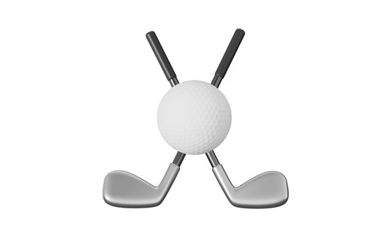 Golf clubs and ball 3d icon. Golf equipment, sports tournament and outdoor recreation concept. Isolated 3D object.