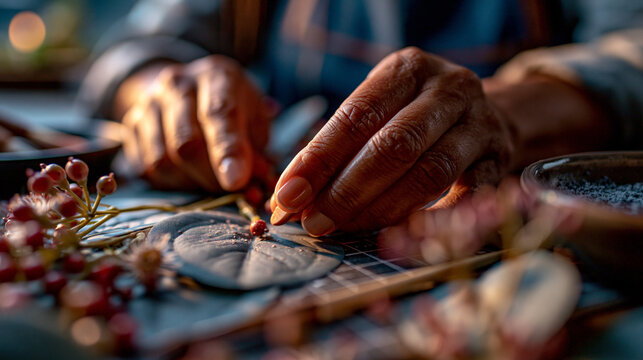 Artist hands carving detailed patterns into a small decorative pumpkin with sculpture, creative