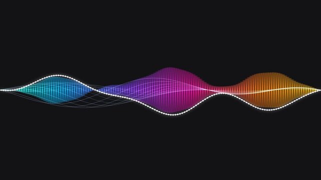 Abstract sound wave visualization with glowing gradient spectrum pulses for digital audio technology.