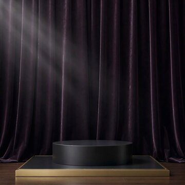 Luxury Black Round Cylinder Podium on Gold Framed Platform with Dark Purple Velvet Curtain Backdrop, Premium 3D Display Stage with Light Rays for Cosmetics and Product Showcase