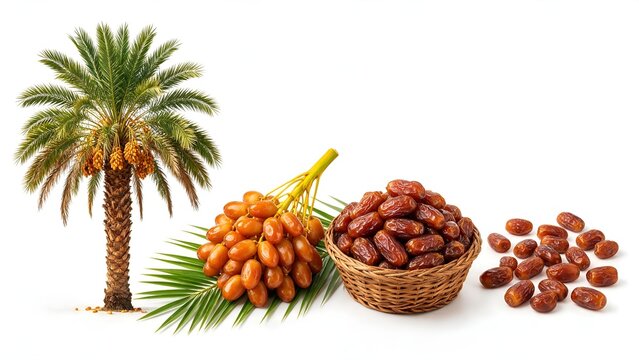 Fresh brown date palm fruits harvested from tall trees displayed in a rustic woven wicker basket next to green leaves against a crisp white background