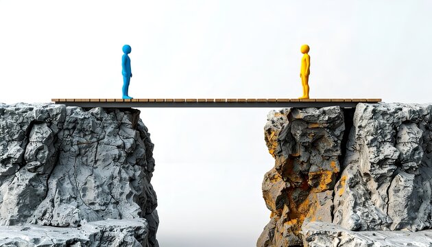 Two simplified figures facing each other across a narrow bridge spanning rocky cliffs, conveying dialogue, trust, teamwork, and building strong relationships.