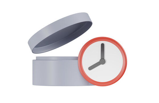 Opened container with clock 3d icon. Period after opening, product shelf life and expiration concept. Isolated 3D object.