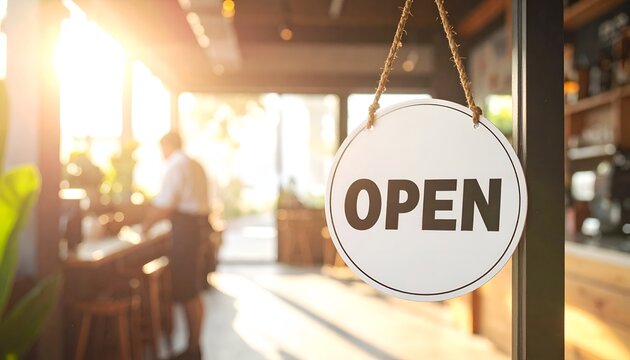 Round OPEN sign at a bright cafe entrance with warm morning light and shallow depth of field, representing hospitality, food service, and customer experience.